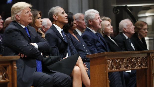 US President Donald Trump and first lady Melania, with predecessors Barack and Michelle Obama, Bill and Hillary Clinton, and Jimmy and Rosalynn Carter at the funeral of George H.W. Bush.