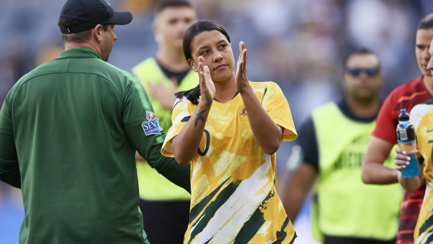 Sam Kerr gives her thanks to the record crowd that watched the Matildas beat Chile at Bankwest Stadium.