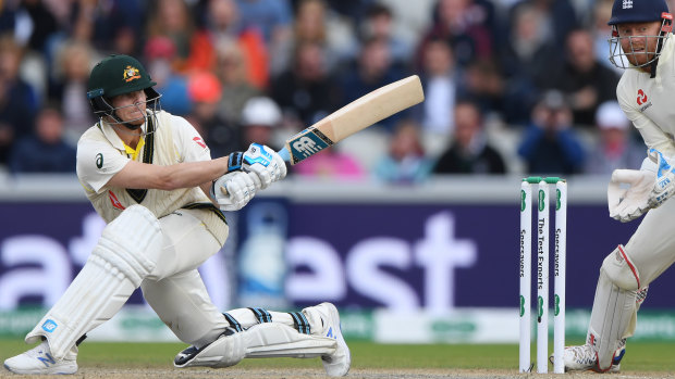 Like swatting flies: Steve Smith on day four of the fourth Ashes Test at Old Trafford.