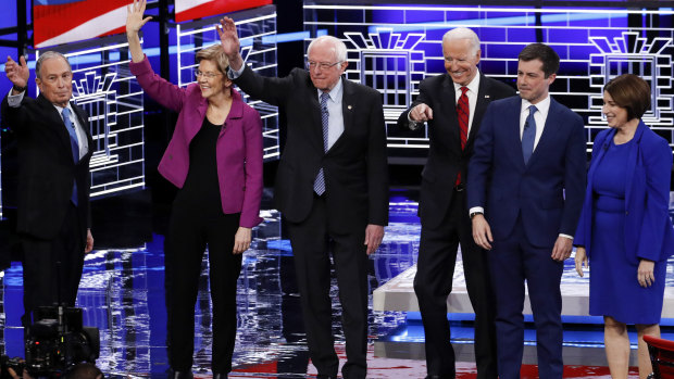 From left: Bloomberg, Warren, Sanders, former vice-president Joe Biden, former South Bend mayor Pete Buttigieg and senator Amy Klobuchar before the debate in Nevada.