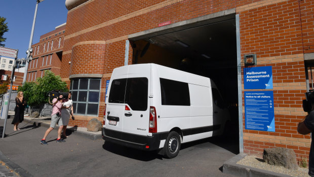 A prison van believed to be carrying George Pell arrives at the Melbourne Assessment Prison on Wednesday afternoon.