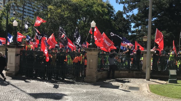 CFMEU protesters outside Queensland Parliament House on Thursday.