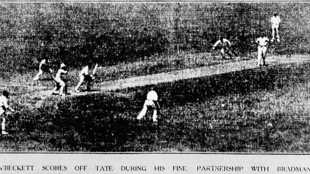 a'Beckett and Bradman batting together in the first innings.