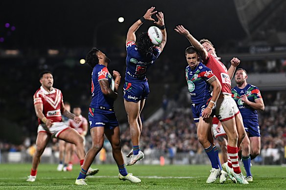 Escort or not? Chanel Harris-Tavita blocks Jack Bostock from getting to the ball, even though he scored seconds later.