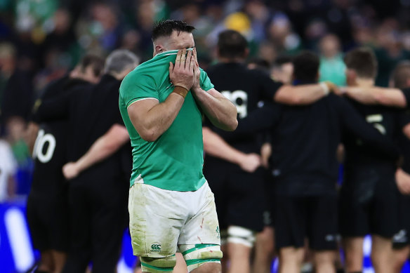 Ireland’s Jack Conan reacts after narrowly losing the Rugby World Cup quarterfinal match against New Zealand at the Stade de France in Saint-Denis, near Paris,