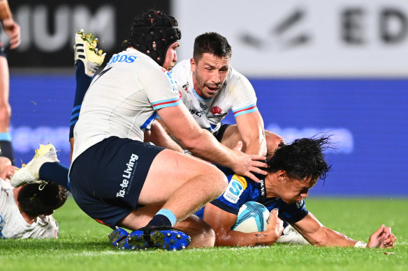 Zarn Sullivan slides over for a try in the Blues’ big win against the Waratahs.