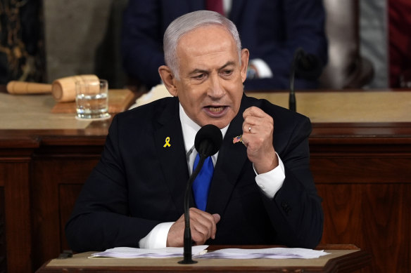 Israeli Prime Minister Benjamin Netanyahu speaks to a joint meeting of Congress at the Capitol in Washington. 