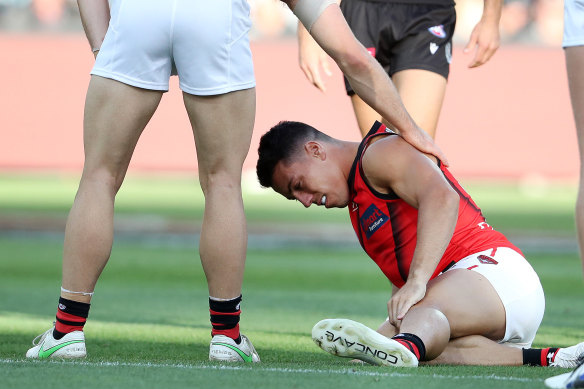 Bomber Dylan Shiel sustains a leg injury.