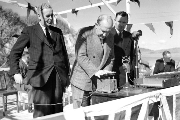 Governor General William McKell detonates the first explosives at the launch of the Snowy Mountains Hydro Electric Scheme on 17 October 1949.