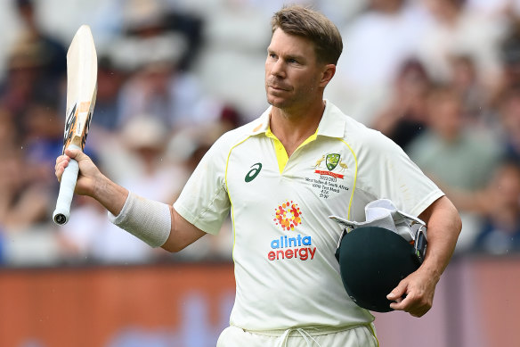 David Warner acknowledges the crowd after being dismissed for 200 during the Boxing Day Test.