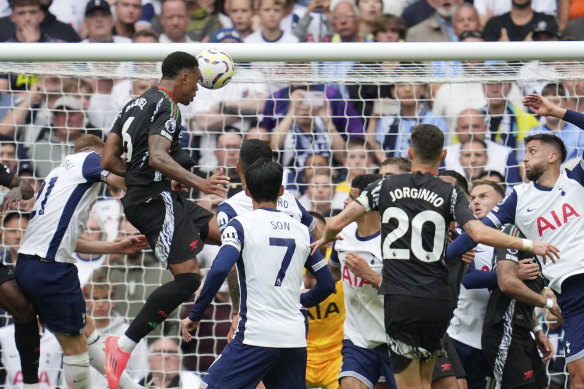 Arsenal’s Gabriel scores against Tottenham.