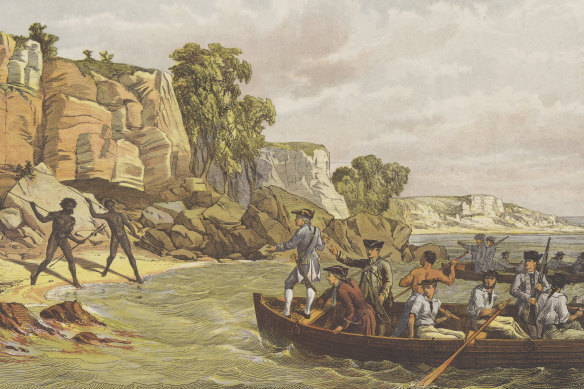 A lithograph depicting Indigenous Australians and the arrival of Cook and his crew, titled "Captain Cook's Landing at Botany, AD 1770".