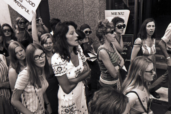Germaine Greer takes part in a march in Sydney in March 1972, just days after her Auckland court appearance. 