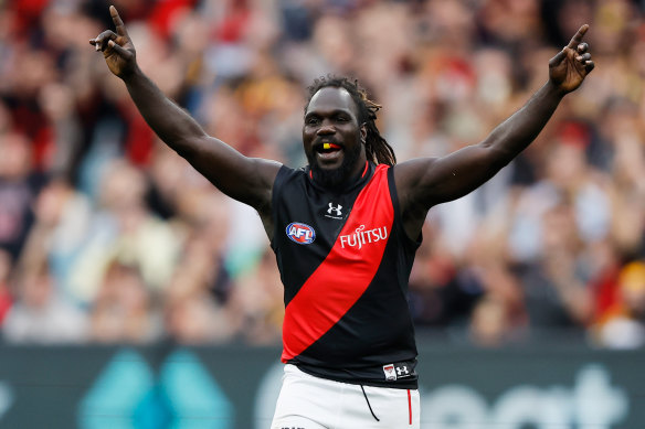 Anthony McDonald-Tipungwuti celebrates a goal for the Bombers in the 2023 season.