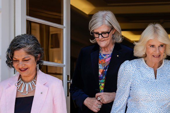 Governor-General Sam Mostyn (centre) and executive director of the Office for Women in the Department of the Prime Minister and Cabinet Padma Raman (left) with Queen Camilla during a discussion on family and domestic violence at Government House in Yarralumla, Canberra on October 21, 2024.