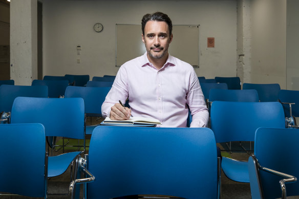Ben Bonjean, director of English First’s Australia operations, sits in an empty classroom at the company’s Sydney college, which had just six students enrolled in December.