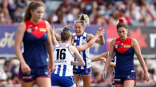 The Kangaroos celebrate a goal.