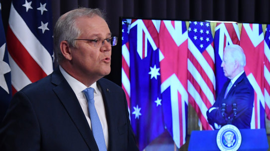 Prime Minister Scott Morrison appeared with US President Joe Biden and British Prime minister Boris Johnson at the rare joint virtual press conference. 