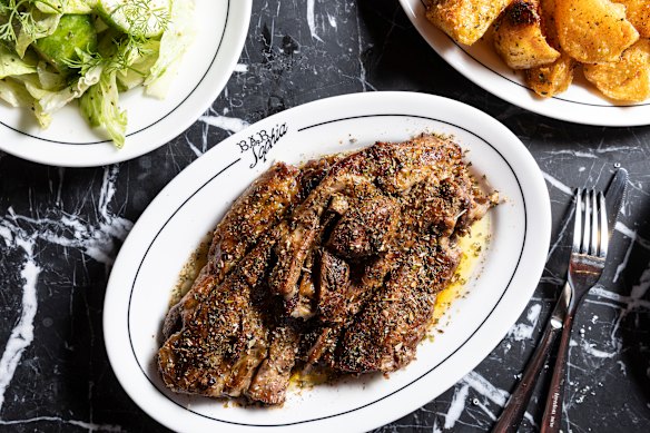 Braised bone-in lamb chops are slow-cooked overnight.