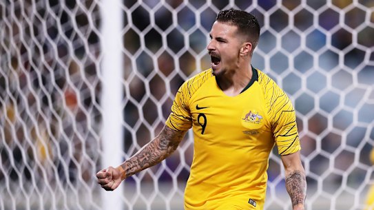 CANBERRA, AUSTRALIA - OCTOBER 10: Jamie Maclaren of the Socceroos celebrates scoring the last goal during the FIFA World Cup Qatar 2022 and AFC Asian Cup China 2023 Preliminary Joint Qualification Round 2 match between the Australian Socceroos and Nepal at GIO Stadium on October 10, 2019 in Canberra, Australia. (Photo by Matt King/Getty Images) Socceroos