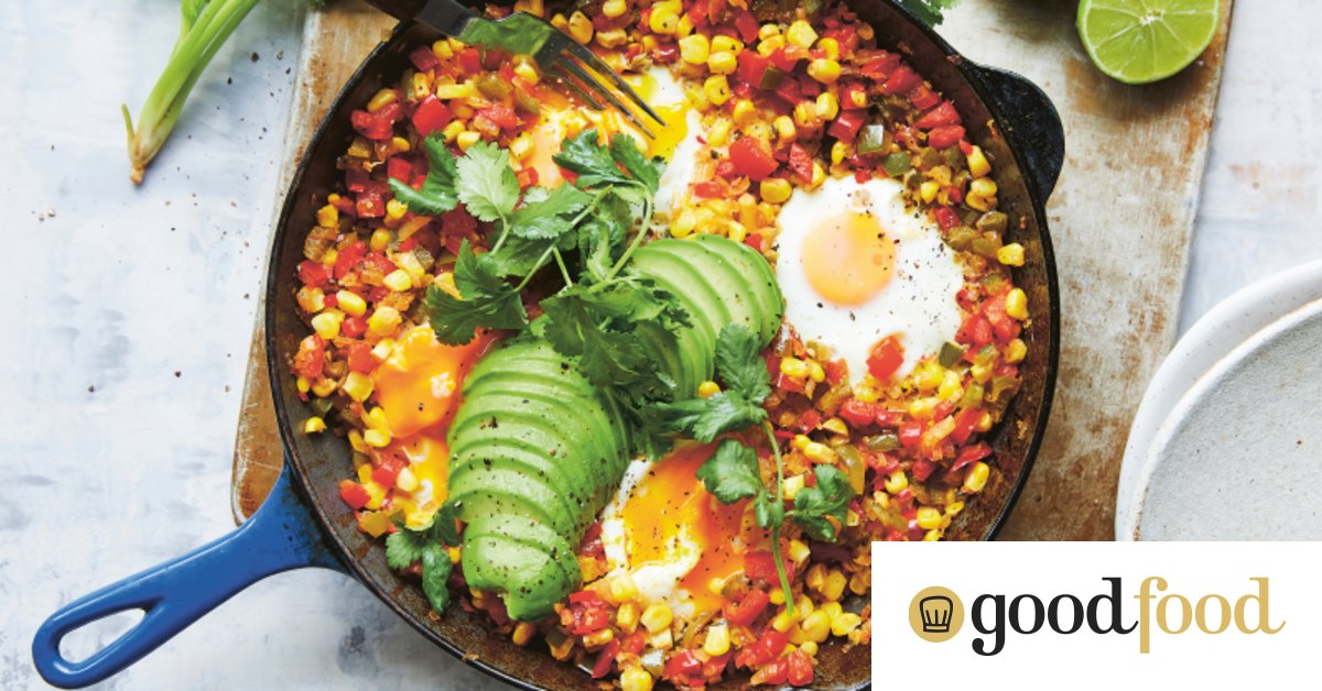 Gluten-free summer shakshuka baked eggs recipe with corn and chilli