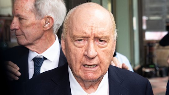 Alan Jones leaves Downing Centre Local Court last year.