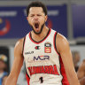 Illawarra Hawk Tyler Harvey celebrates after scoring in game four of the NBL Grand Final Series 