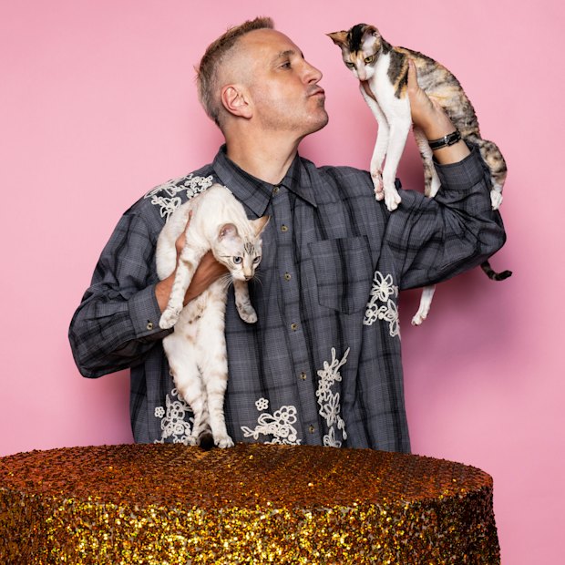 Internationally-renowned cat judge Steven Meserve holding a Seal lynx tabby point, Snow, left, and Scilly Rex Sage a Cornish Rex. 