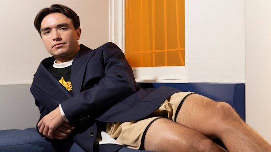 Haulier designer, Jeremy Hershan with Dylan Leadley-Watkins modelling the shorts and blazer trend at the Haulier store in Paddington, Sydney.