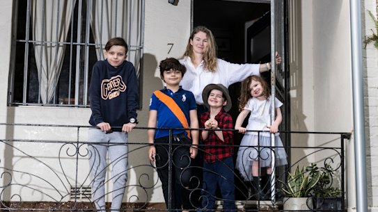 Casey Castro, with her children, Jupiter, Reino, Monty and Eddie, is preparing to sell her family’s Woolloomooloo home.