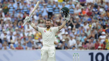 Matthew Wade celebrates his third Test century.