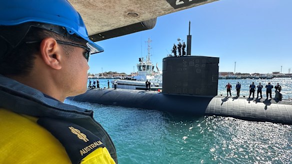 Pit-stop: a US nuclear-powered submarine docks at Rockingham, Western Australia, in March this year. 