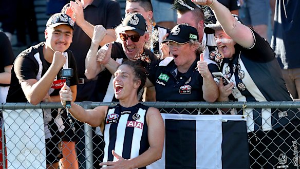 Ash Brazill celebrates after the Magpies’ win over North Melbourne on the weekend. 