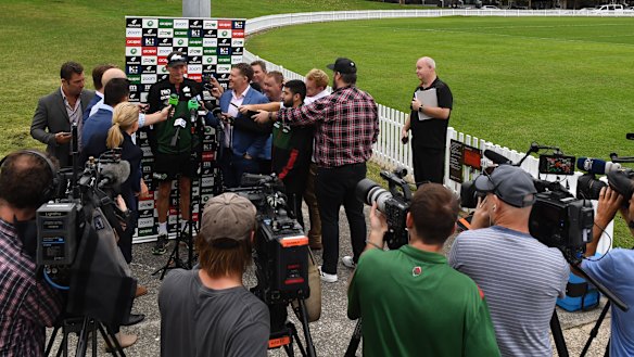 Master class: Wayne Bennett holds court at Erskinville Oval on Wednesday.