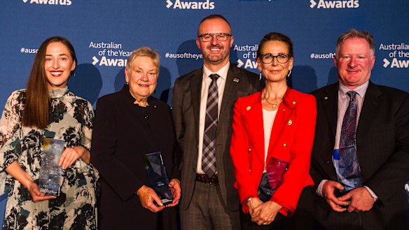 ACT Young Australian of the Year Hannah Wandel, Senior Australian of the Year Dr Suzanne Packer, Chief Minister Andrew Barr, Australian of the Year Virginia Haussegger and Local Hero David Williams. 