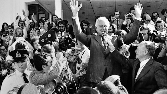 Gough Whitlam on the steps of Parliament after his dismissal in 1975.