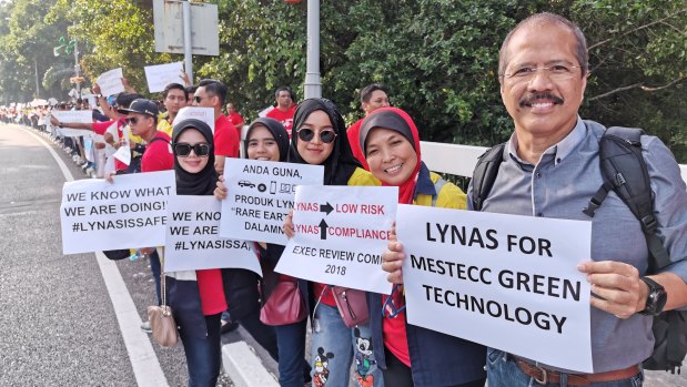 Lynas workers at Kuantan protest outside Malaysia's parliament in Kuala Lumpur last week. 