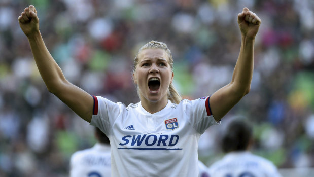 Ada Hegerberg celebrates  one of her three goals en route to Lyon's Champions League win.