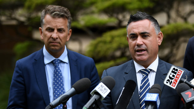 Transport Minister Andrew Constance and Deputy Premier John Barilaro at a press conference with Treasurer Dominic Perrottet.