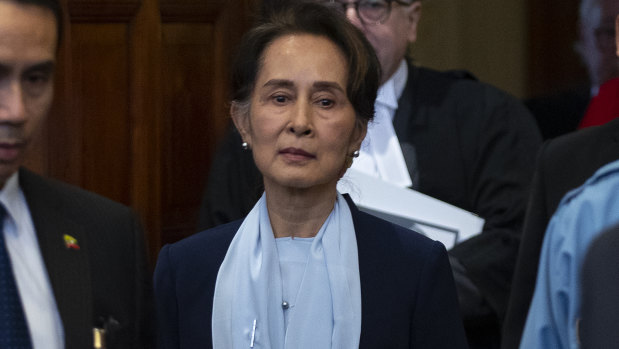 Aung San Suu Kyi enters the courtroom before addressing judges at the International Court of Justice last week.