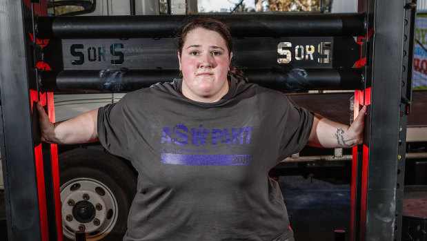 This isn't heavy: Beth Dodds, 21, lifted 300 kilograms in the Super Yoke, in the Australia's Strongest Woman competition at Royal Melbourne Show. 