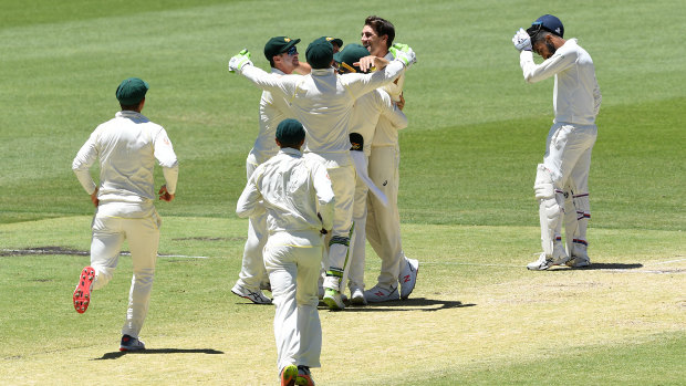 Australia celebrate winning the second Test in Perth.
