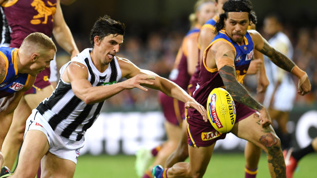 Top flight: Magpies  playmaker and captain Scott Pendlebury in action against the Lions during round 7 clash at the Gabba.