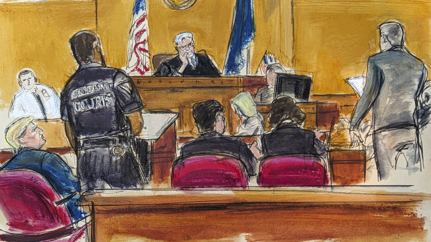 Donald Trump, far left, watches as jury foreperson #1, right, delivers guilty verdicts with judge Juan Merchan listening on the bench in Manhattan Criminal Court.