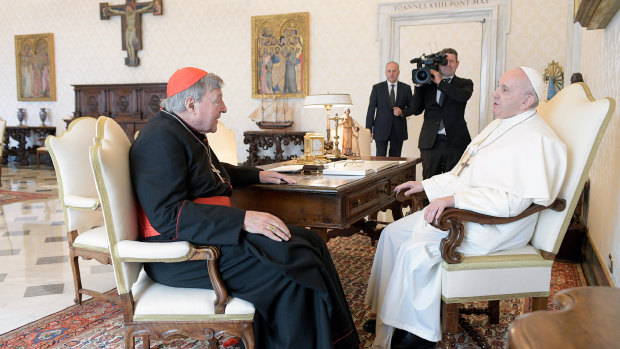Cardinal George Pell, left, met with Pope Francis on his return to the Vatican after his sex abuse conviction and acquittal in Australia.