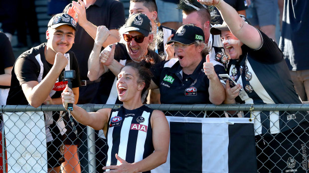 Ash Brazill celebrates after the Magpies’ win over North Melbourne on the weekend. 