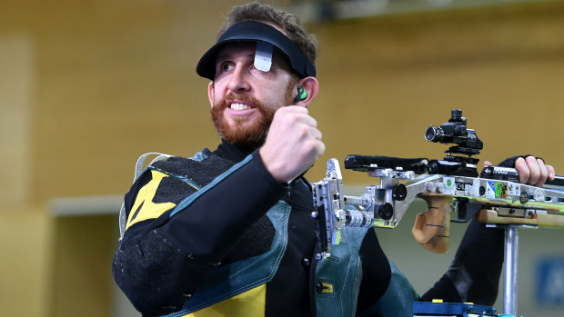 On target: Australia's Dane Sampson celebrates his Commonwealth Games win.