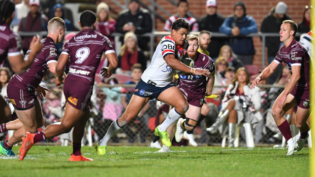 On fire: Latrell Mitchell scored 24 individual points for the Roosters courtesy of two tries and eight goals.