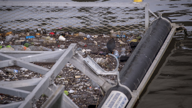 A litter trap in the Yarra River near Webb Bridge. 