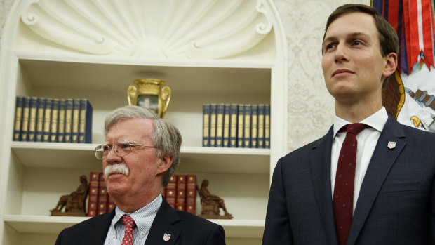 National security adviser John Bolton, left, and White House senior adviser Jared Kushner. Bolton is renowned as a brutal bureaucratic infighter; Kushner enjoys 'blood ties' with the President.